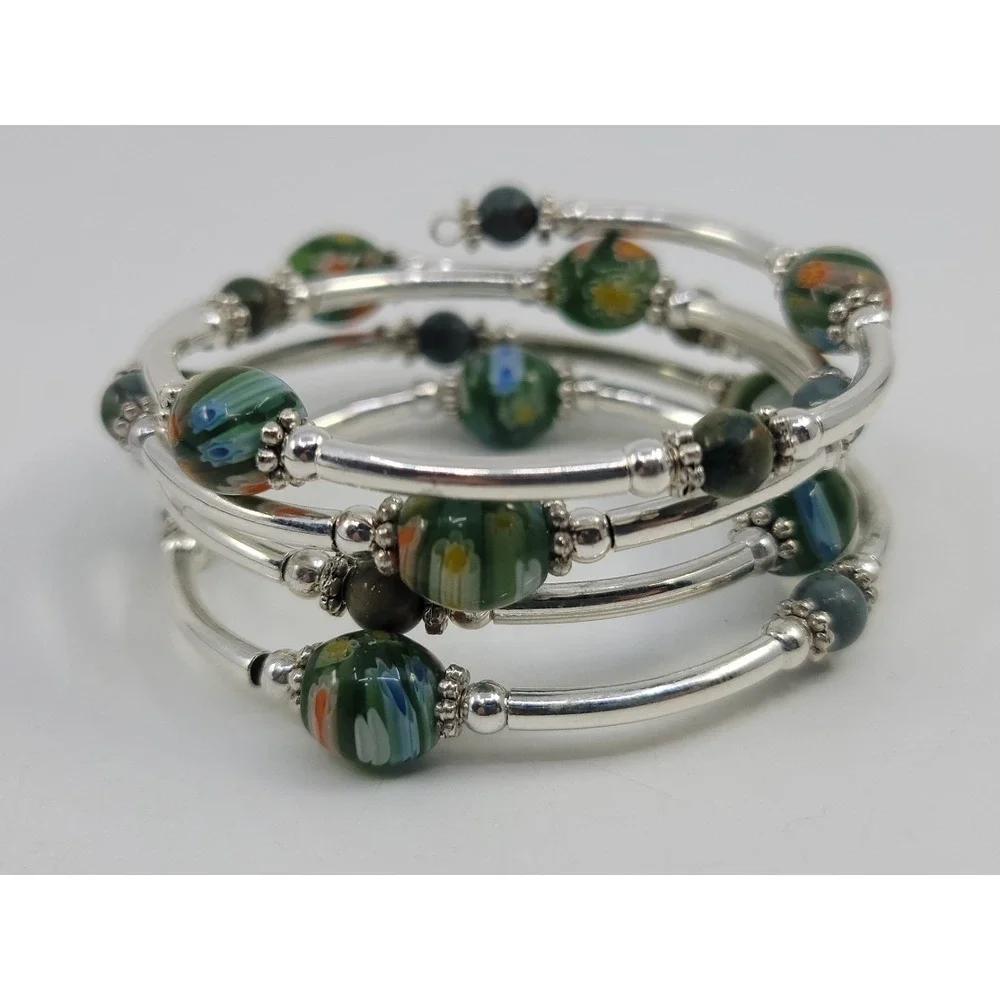 Silver Tone PaintedFloral Art Glass Bead Wrap Coil Bracelet Stone Accents